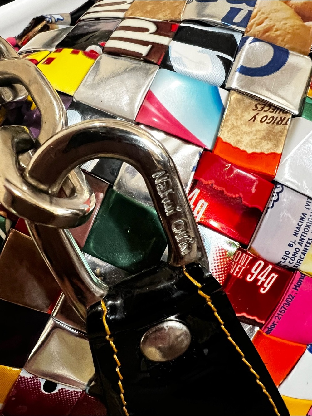 Recycled, Patchwork Hand Woven Candy Wrappers Structured Large Satchel. - Picture 9 of 17